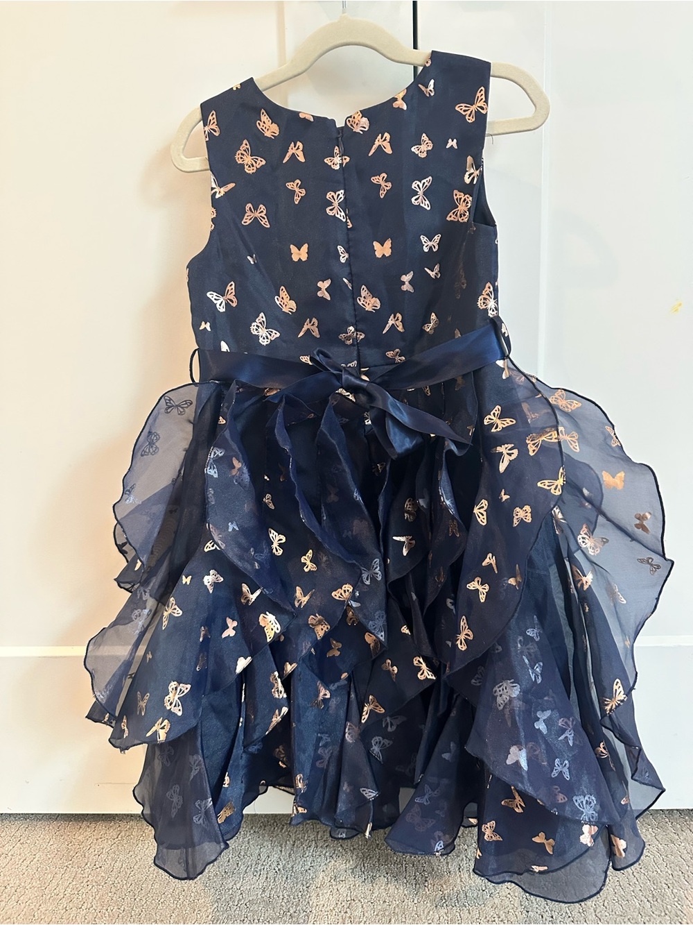 Monsoon Navy Dress with Gold Butterfly Print and Layered Ruffles Girls sz 7